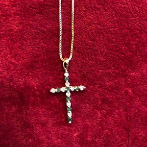 Emerald and Diamond Cross Necklace Gold